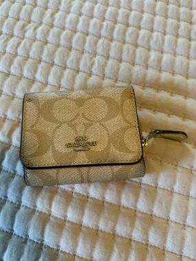 Coach Beige Signature Canvas Compact Wallet with Gold Hardware